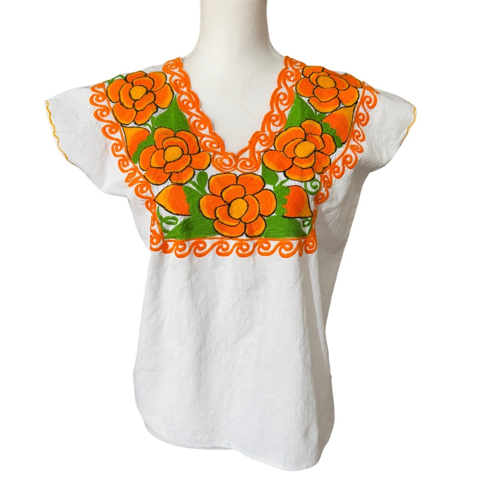 Vintage Mexican Hand Embroidered Floral Peasant Blouse White Orange Large Boho